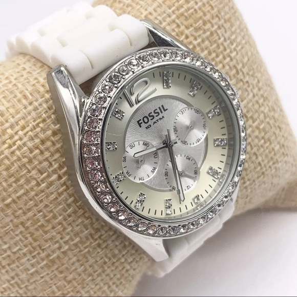 Fossil Jeweled Watch White Latex Band ES2344 - Picture 1 of 5